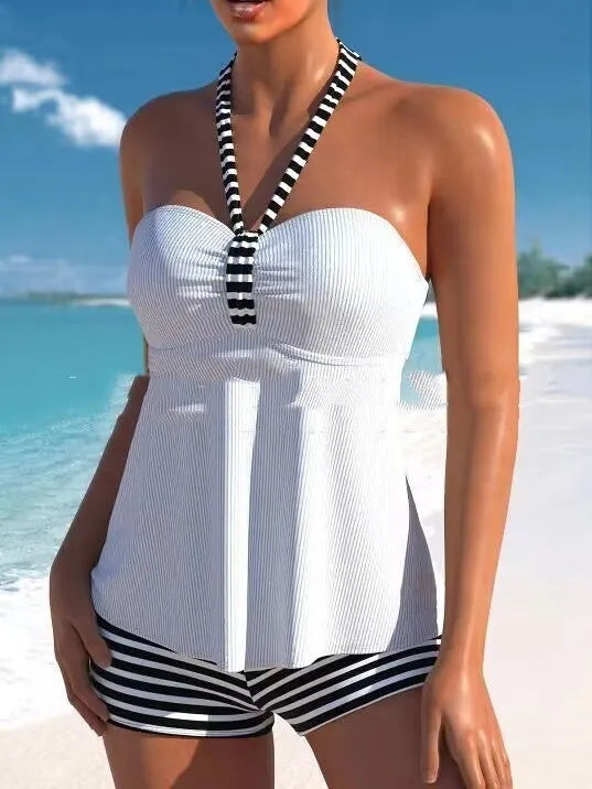 Women's off-shoulder swimsuit in black and white stripes with briefs style