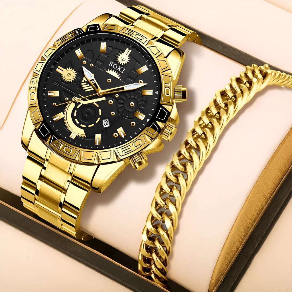 Men's gold business quartz watch with stainless steel bracelet and calendar function