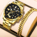 Men's gold business quartz watch with stainless steel bracelet and calendar function