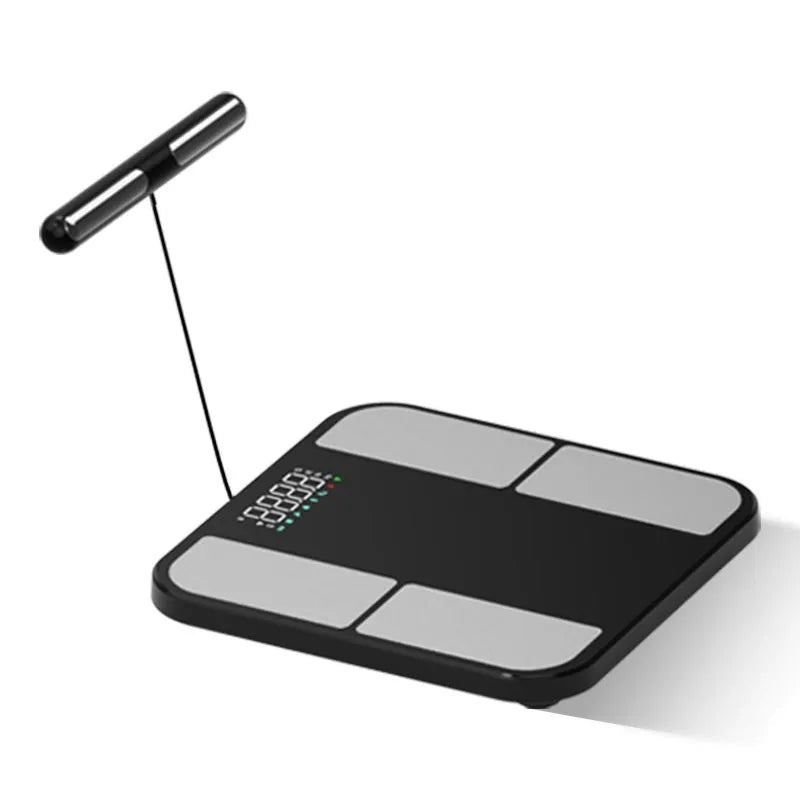 Black tempered glass digital bathroom scale showing body fat percentage on its colour screen.