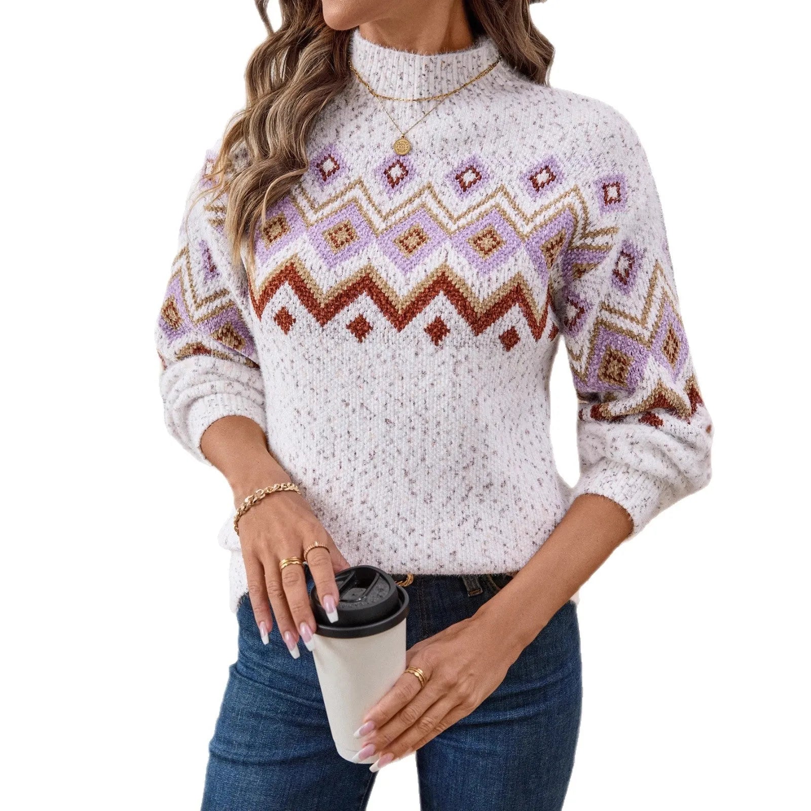 White half turtleneck loose sweater with geometric jacquard pattern and long sleeves on a model.
