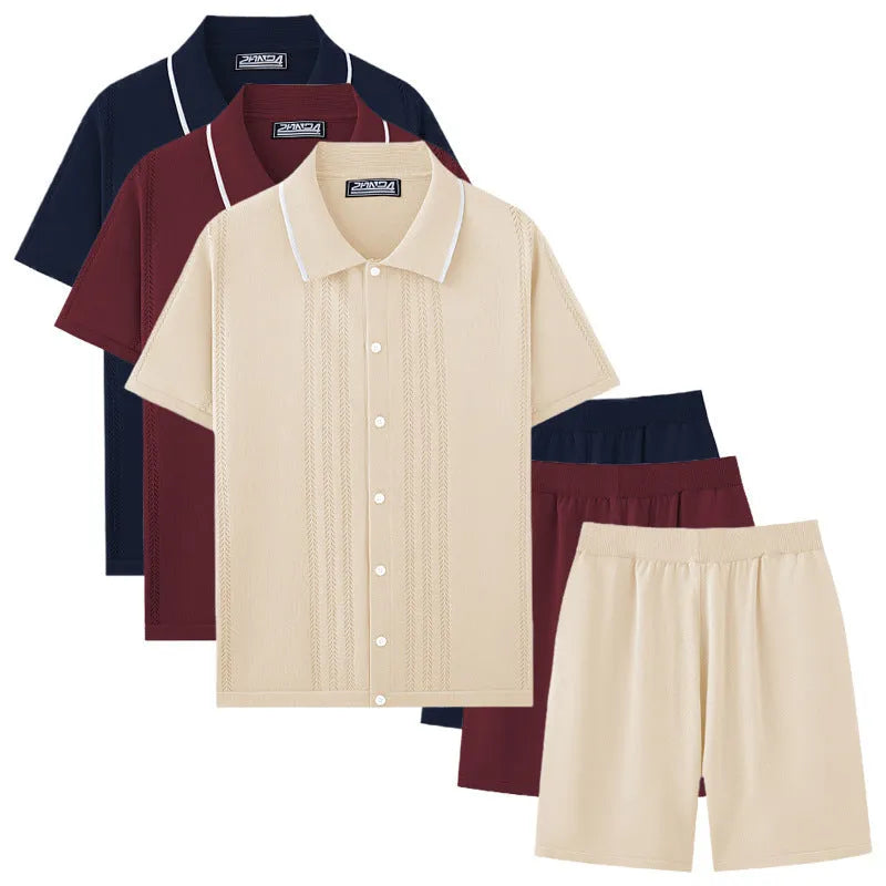Man wearing a khaki short-sleeve knit top and matching shorts from a business casual two-piece set