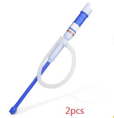 Blue manual hand siphon pump for transferring fuel and liquids.