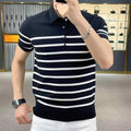 Black and white striped pullover knitted t-shirt with lapel detail and non-iron chemical fibre blend fabric