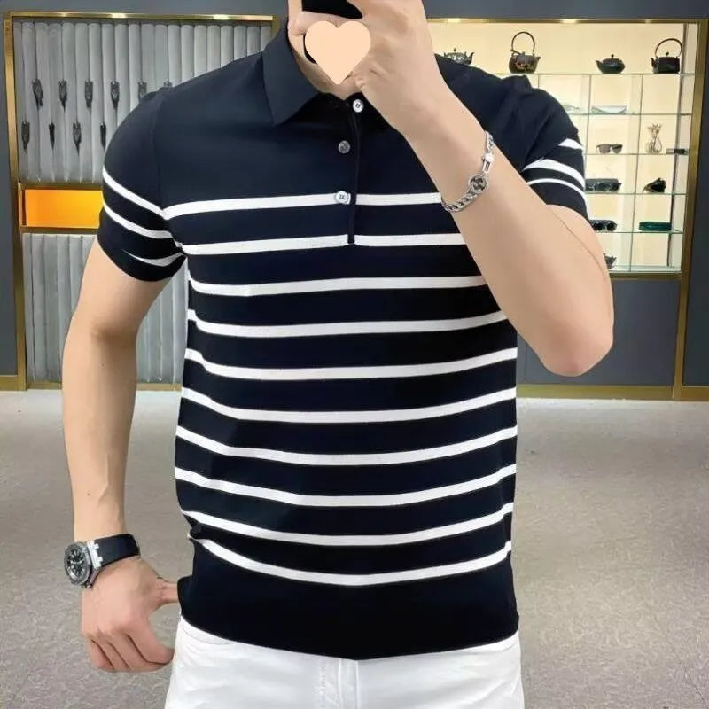 Black and white striped pullover knitted t-shirt with lapel detail and non-iron chemical fibre blend fabric