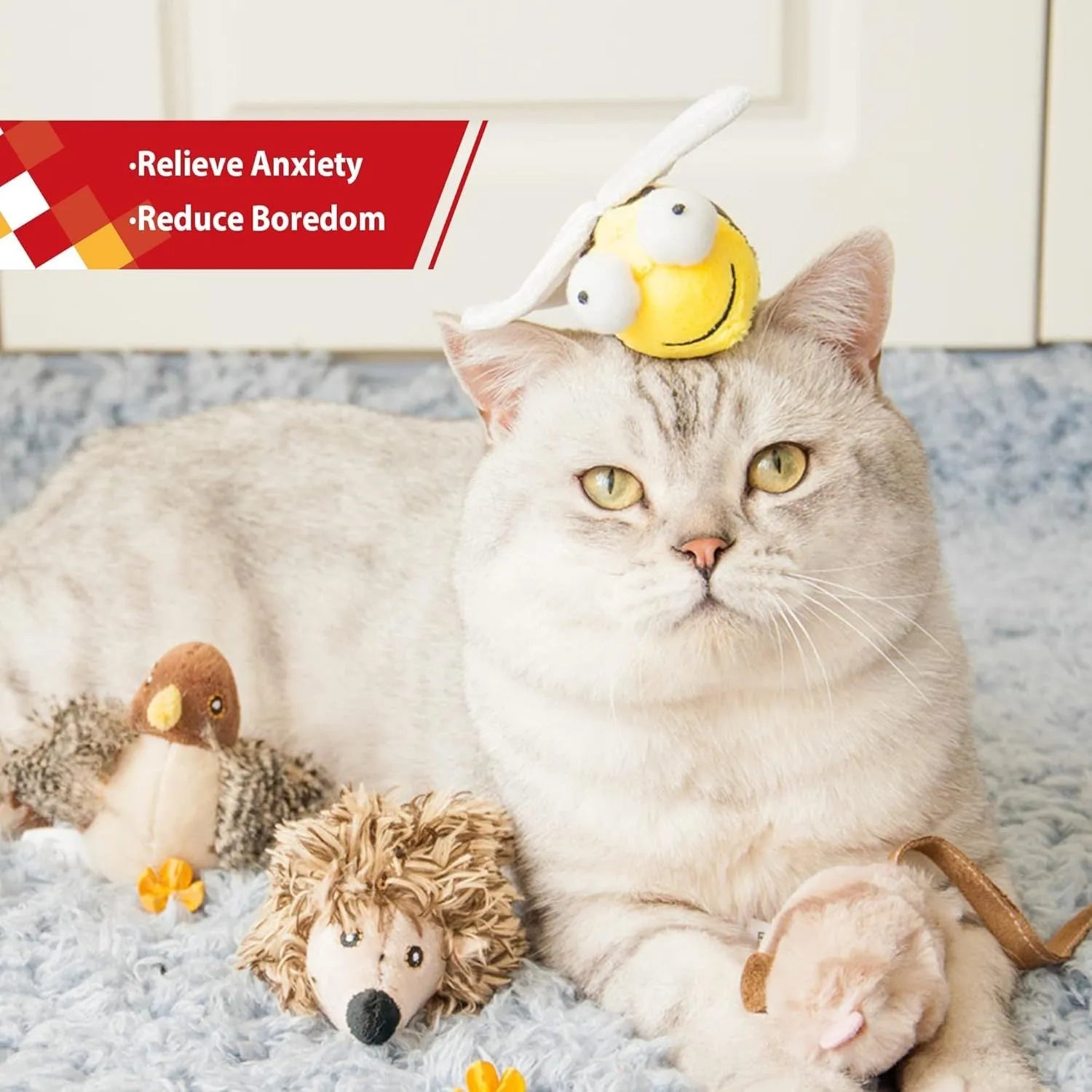 Yellow electronic chirpy bee sound toy for cats with flannelette fabric and motion-activated squeaking