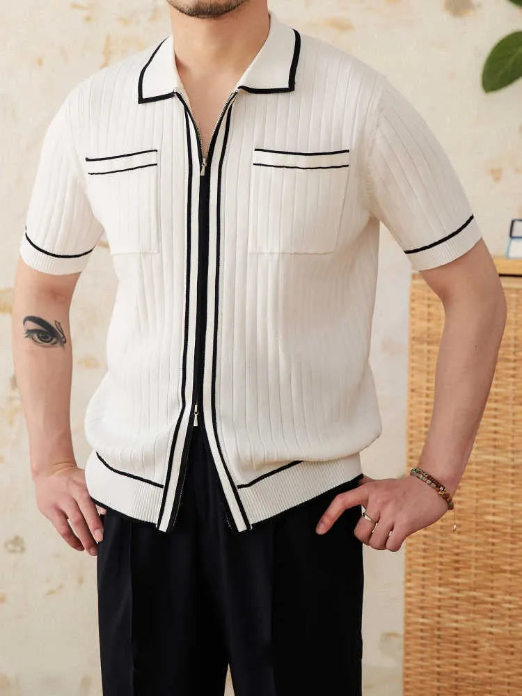 Slim elastic lapel short-sleeved polo shirt in black viscose blend fabric for men