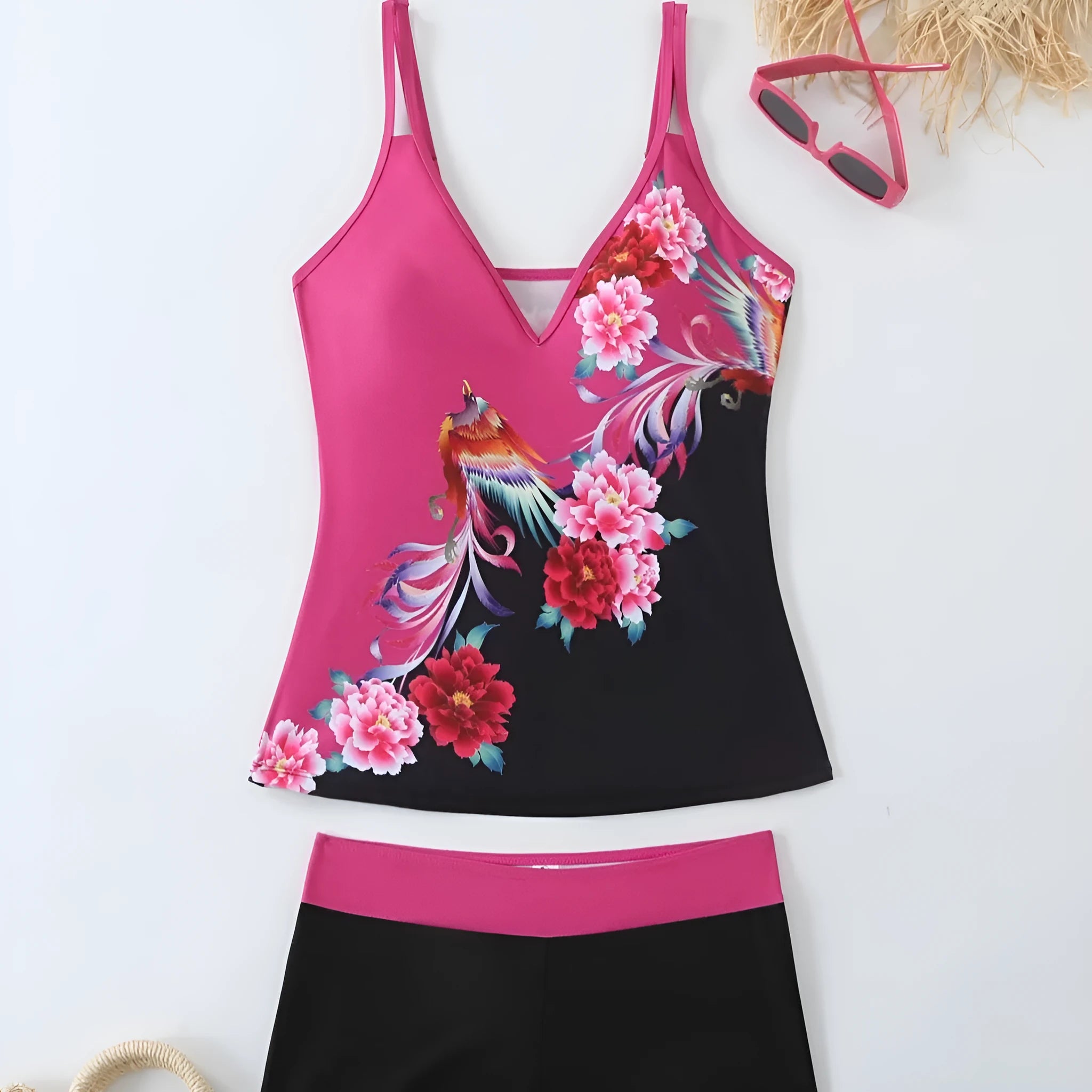 Plus size women's swimsuit set with top and shorts in black or rose red briefs style