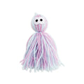 Blue grey wool cat toy with teaser stick hanging from furniture