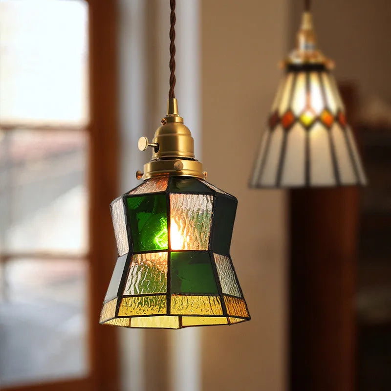 Japanese retro brass and glass chandelier with hand-blown shades, walnut wood accents, and hemp rope light line
