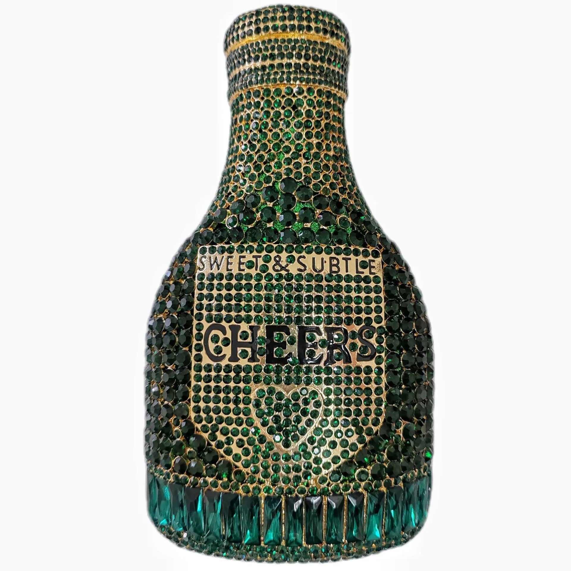 Gold champagne bottle shaped evening clutch with alloy frame measuring 20cm tall