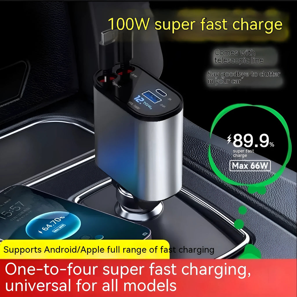 Automatic retractable car charger with cigarette lighter adapter and USB connections