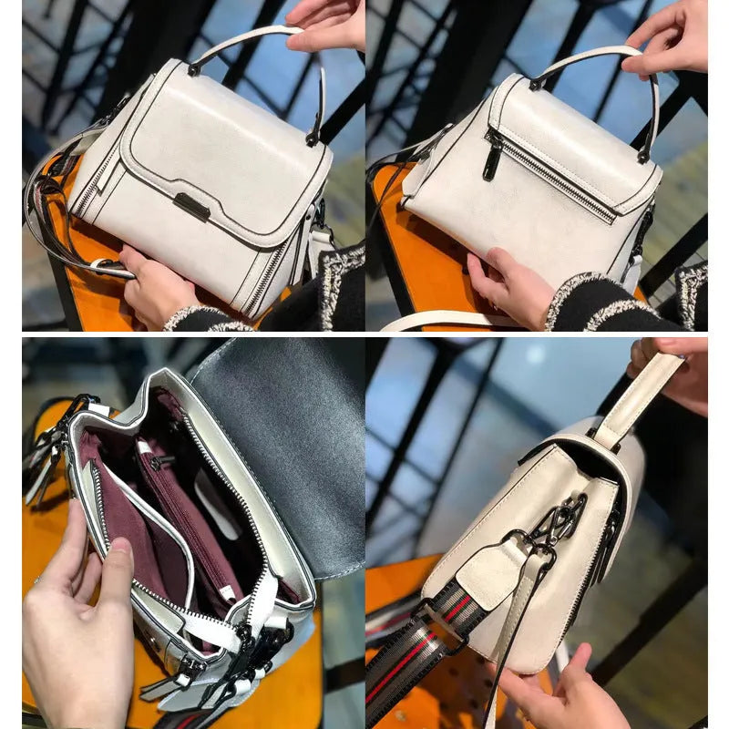 Women's brown genuine oil wax leather messenger bag with double strap and external pocket.