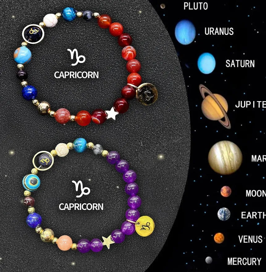 Natural stone beaded zodiac bracelet set showing twelve astrology constellation designs with adjustable cord