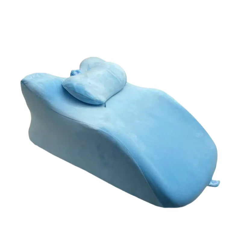 Cushion for stomach sleepers in blue, dark grey, green and light grey colours