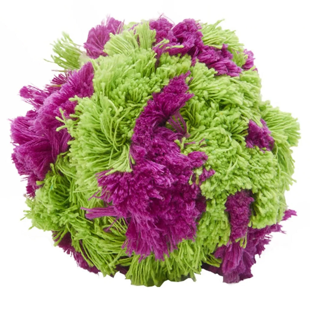 Purple plush dog chew ball with knotted seaweed design measuring 15cm diameter