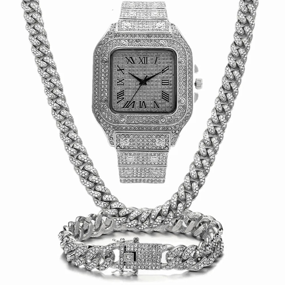 Roman grain graduation quartz watch set with square diamond dial and black mesh band with bracelet and necklace