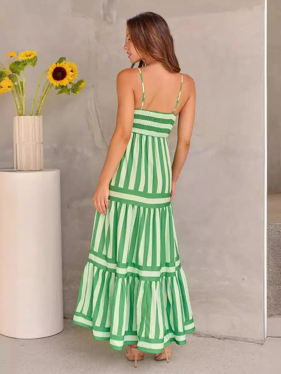 Women's striped backless summer dress with square neck, suspender straps, and pockets in polyester-spandex fabric