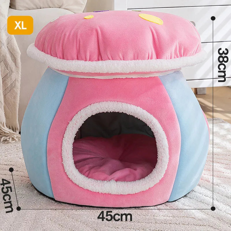 Grey mushroom-shaped hooded cat bed made of soft rabbit plush, shown with a cat inside.