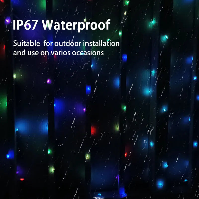 10-metre LED party light string with 100 multi-colour bulbs showing multiple lighting modes