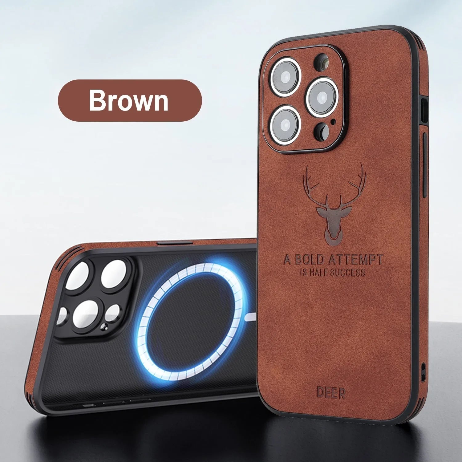 iPhone 16 magnetic charging case with embossed moose head design in imitation leather material, showing front and back views