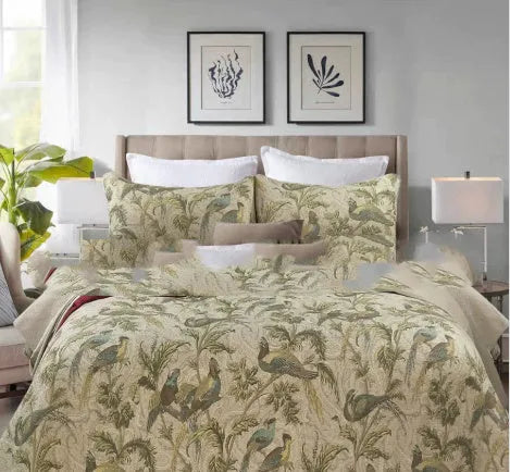 Blue American folk style cotton bedspread with floral bird pattern, three-piece set