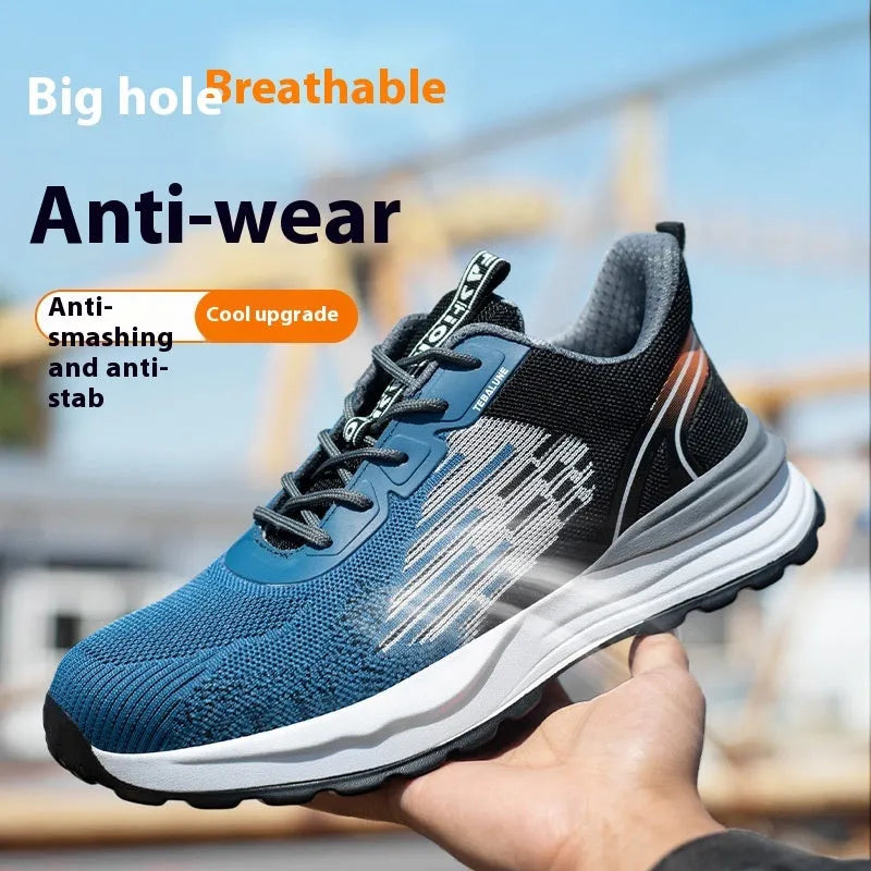Blue men's low-top safety work shoes with lace-up front and plastic safety toe cap.