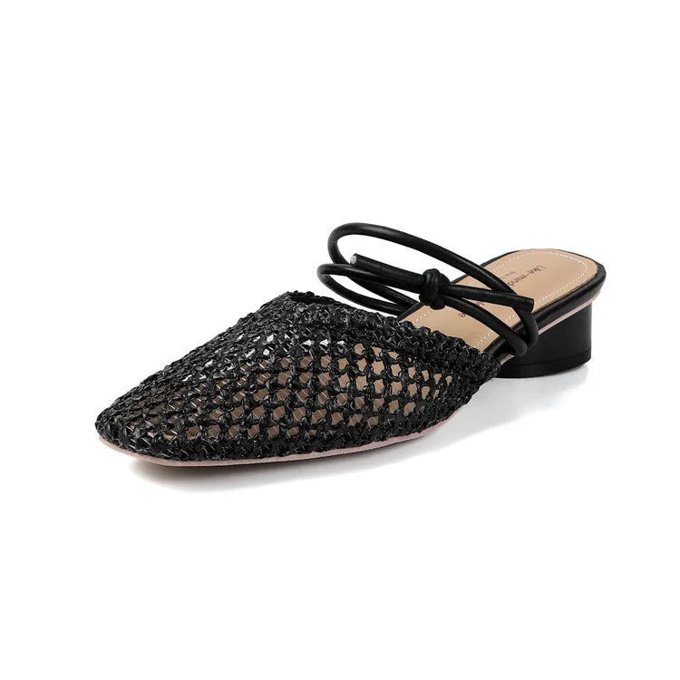 Women's French-style square toe outdoor slippers with hollow-out design and chunky retro heel