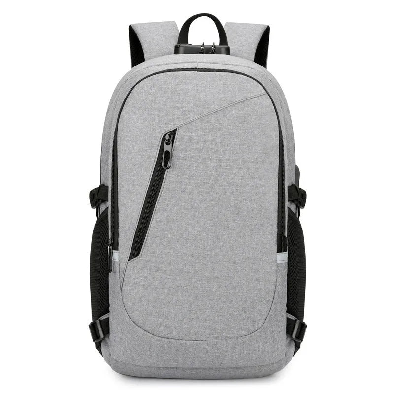 Oxford cloth computer backpack in blue colour showing front compartment and shoulder straps