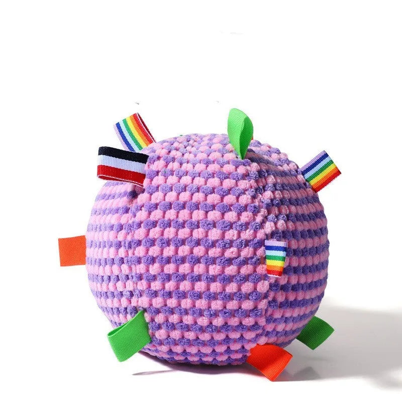 Blue and yellow textured pineapple lattice dog ball toy measuring 17cm in diameter.