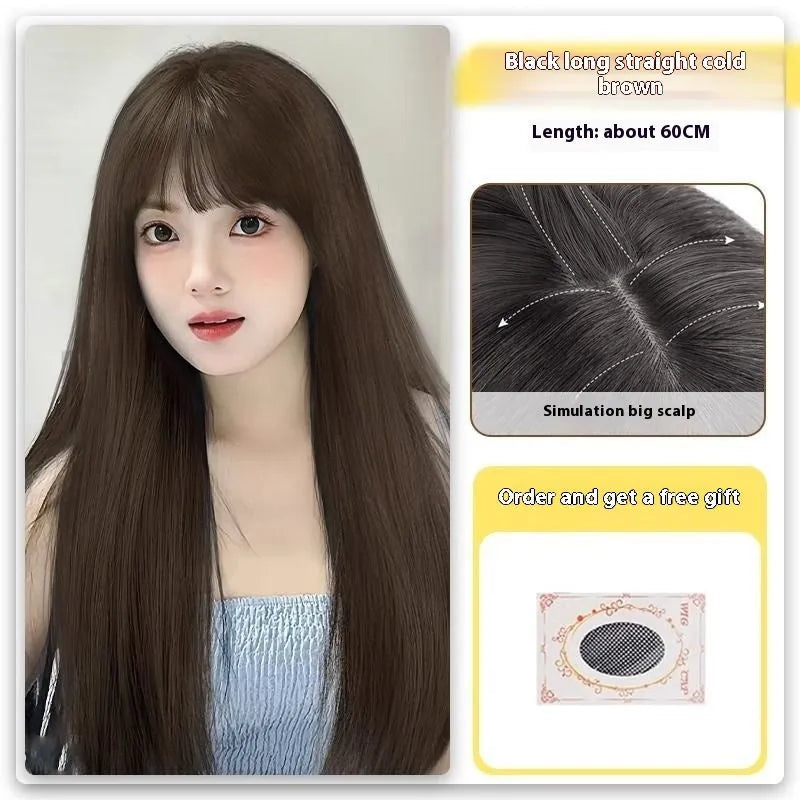 Forehead lace long straight black wig with side bangs in high temperature fibre material
