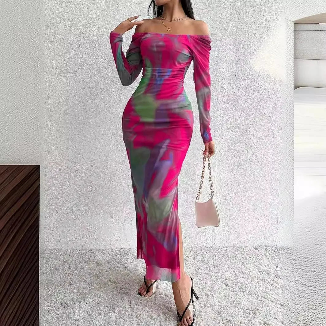 Women's green printed pleated mesh fishtail dress with square collar and thigh split