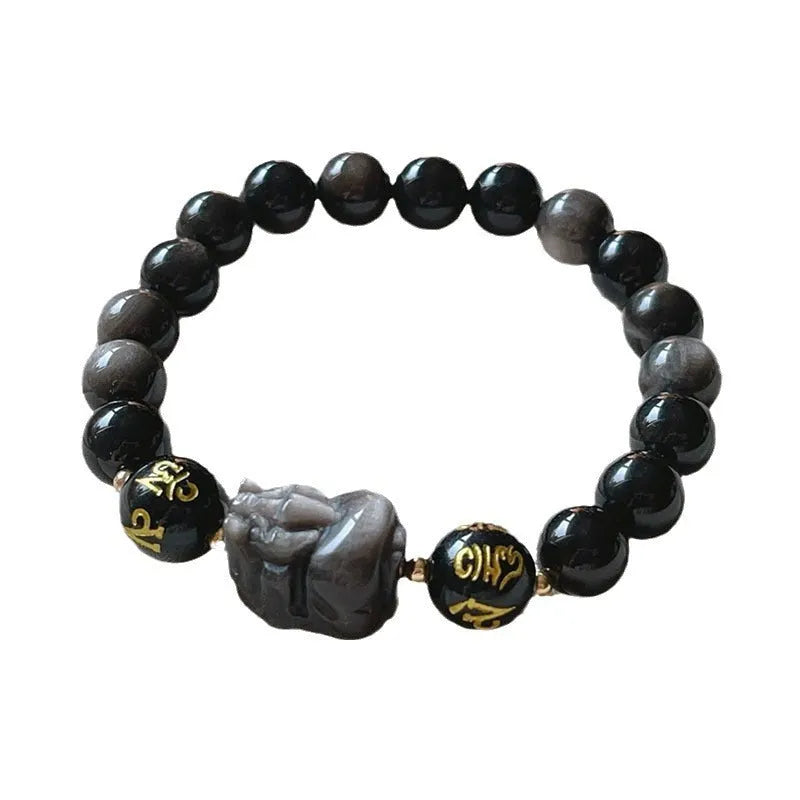 Silver stone men's bracelet with Chinese beaded design and engraved proverbs