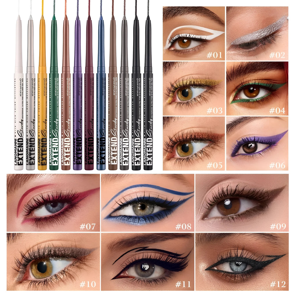 12 colourful gel glitter eyeliner pencils in vibrant shades including matte, glitter, metallic and pearl effects