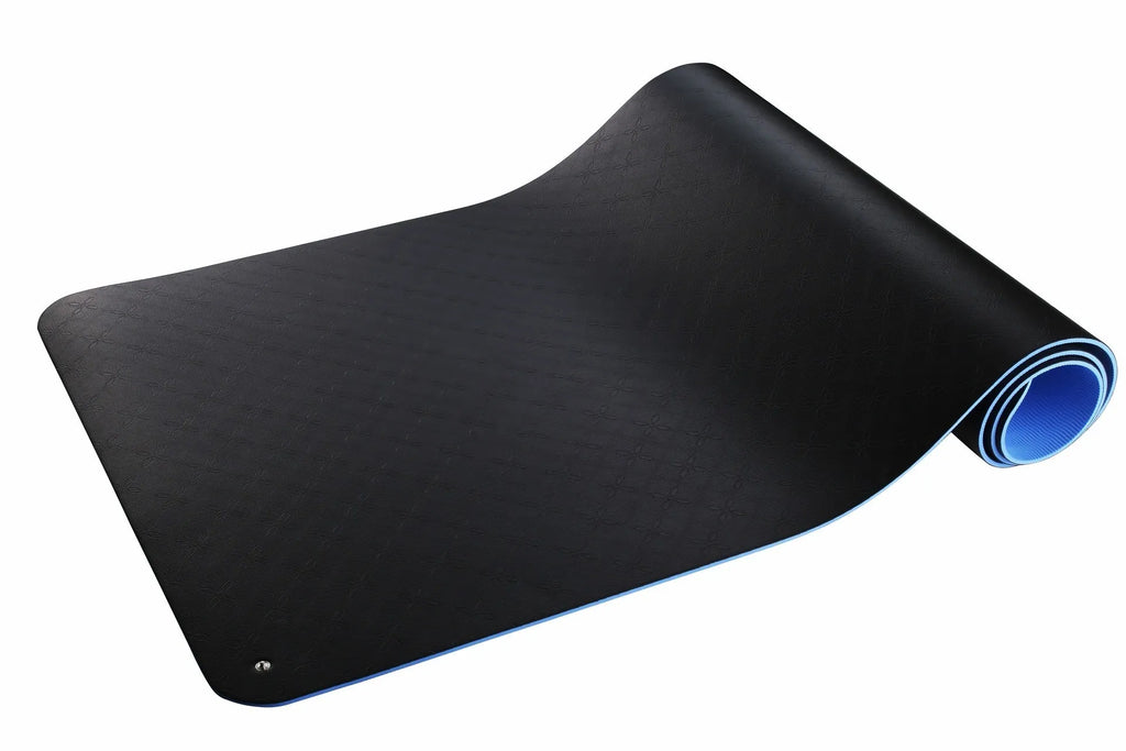 Blue conductive yoga mat with floral pattern, 182cm length, 5mm thickness, and grounding wire