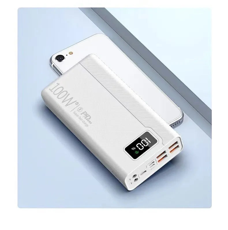 Large capacity black or white plastic power bank with fast charging support.