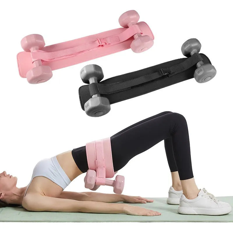 Black and pink weight-bearing hip bridge training belt for dumbbell barbell exercises with lumbar support