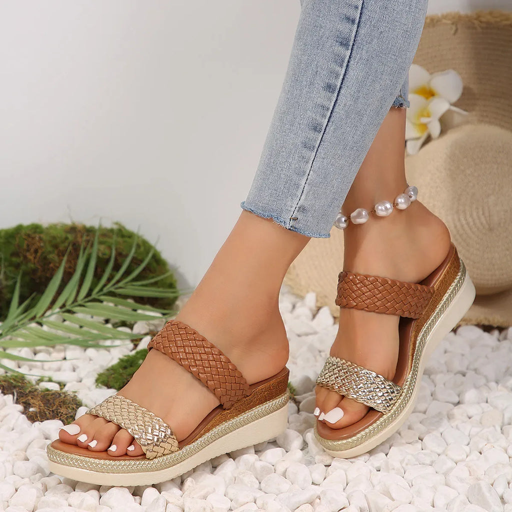 Gold and silver plus size women's wedge sandals with a 4.5 cm rubber sole