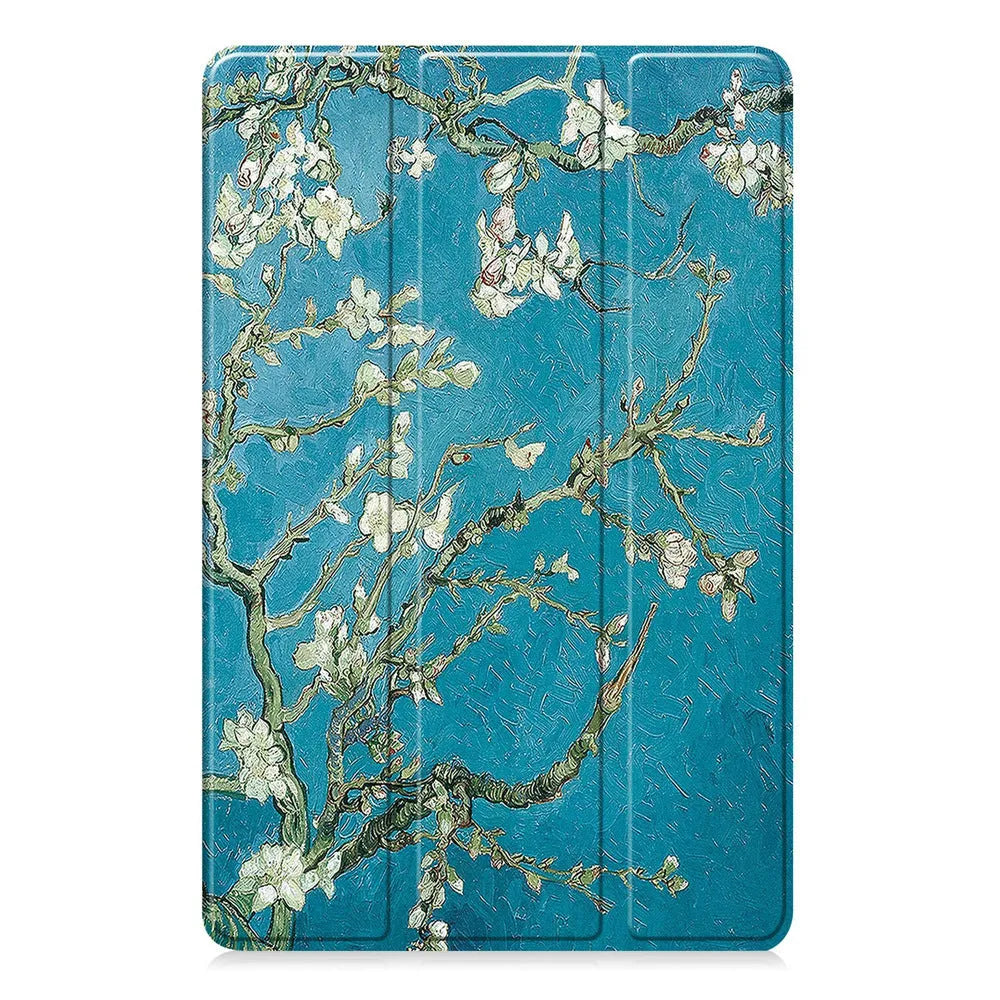 Samsung Tab S10 FE Plus 13.1 inch hard case in tri-fold stand mode showing silk screen design and microfibre lining