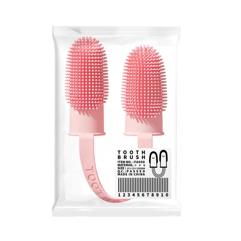 TPR silicone finger toothbrush for pet dental cleaning in blue green, pink, or yellow.