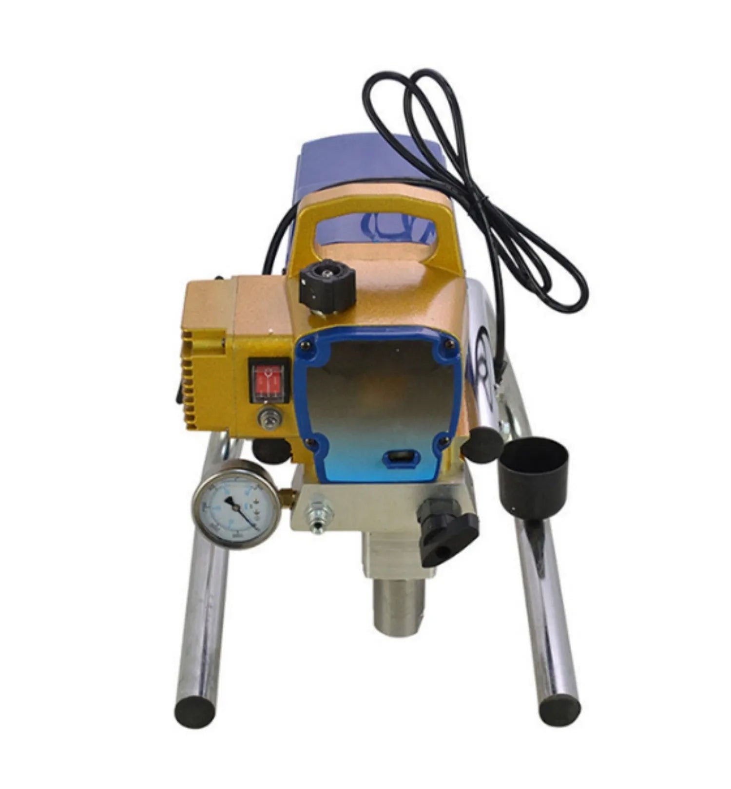 Blue 110V electric airless paint spraying machine with spray gun, hose, extension rod, and accessories on a work surface