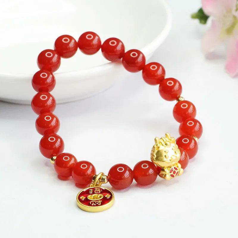Red agate beaded dragon zodiac bracelet with 8mm beads.