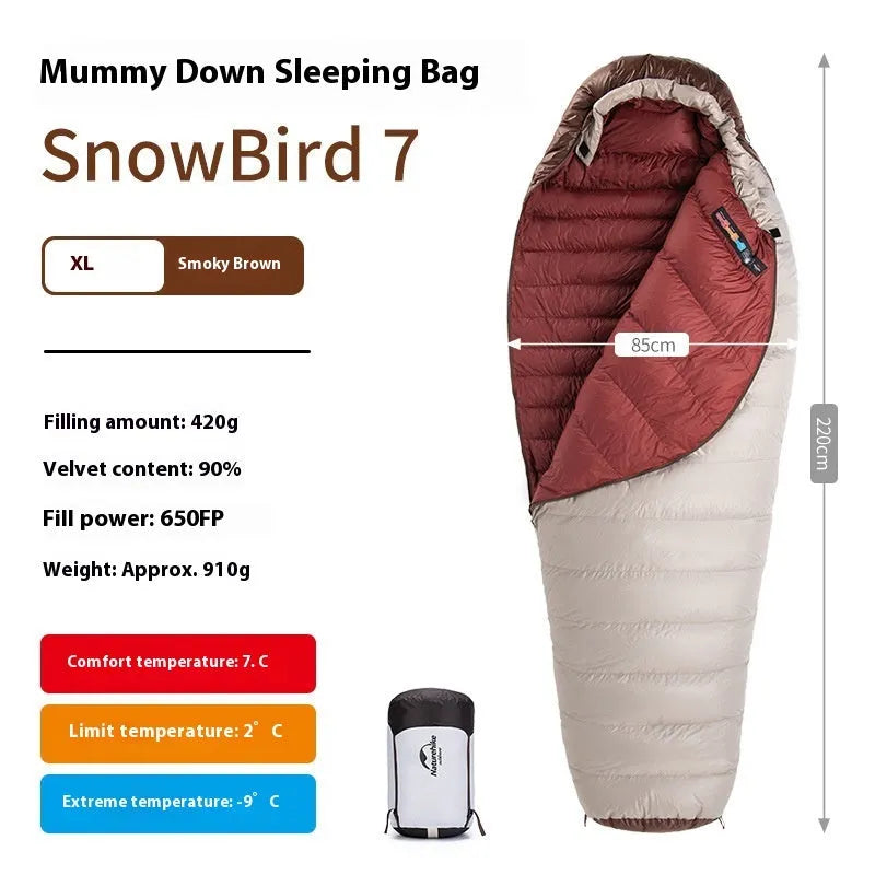 Adult mummy-style sleeping bag with goose down filler in multiple colour and weight options.