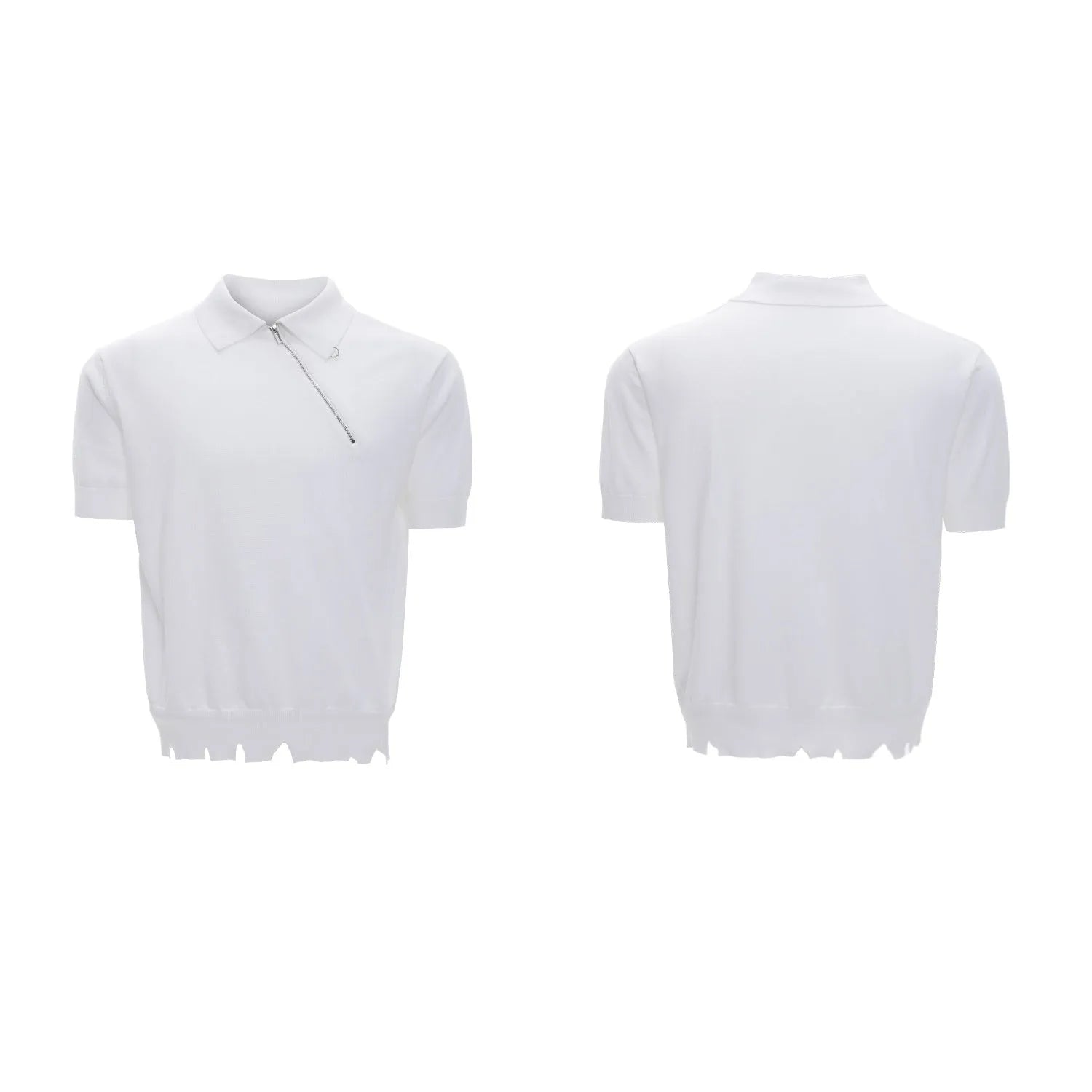 Man wearing a slim-fit grey polo shirt with a diagonal oblique zipper and short sleeves.