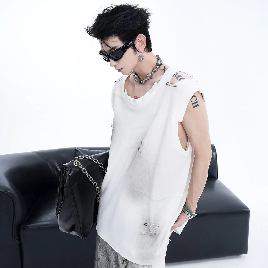 Men's black sleeveless waistcoat vest with irregular ripped cutting piece design and round neck collar