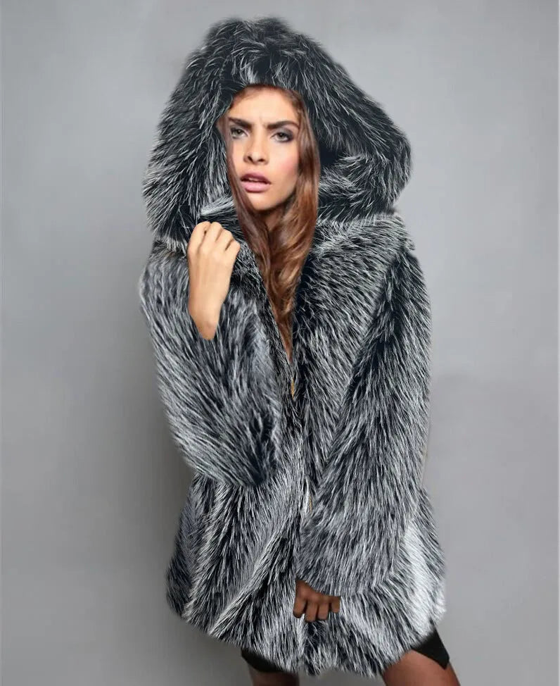 Silver grey loose-fit artificial fur mid-length coat for women on a hanger.
