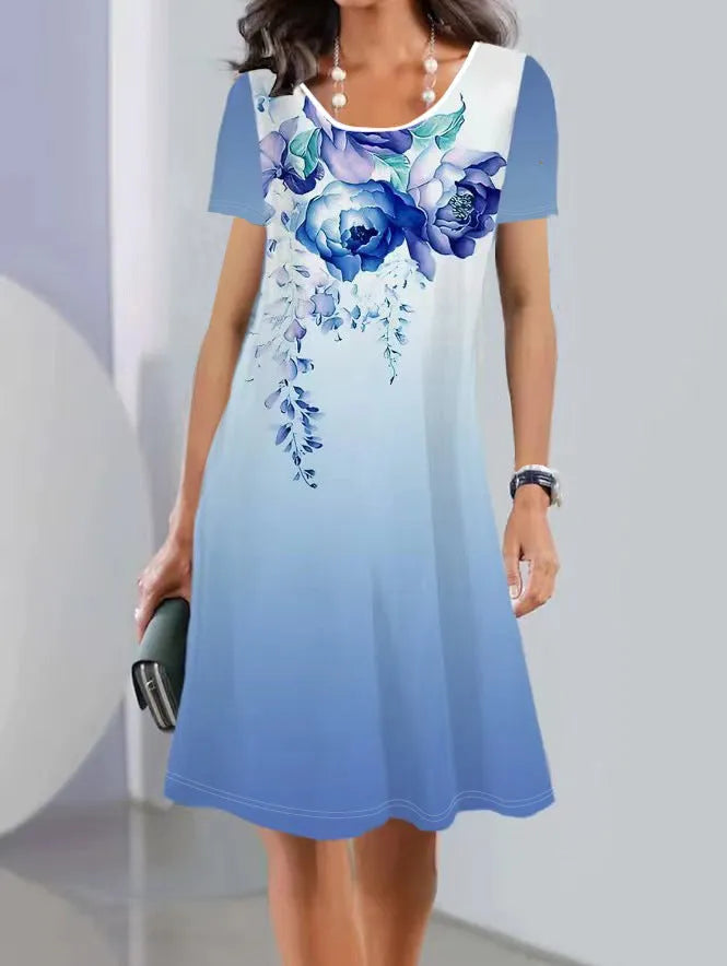 Women's floral print mid-length dress with short sleeves and round neckline in ice silk fabric