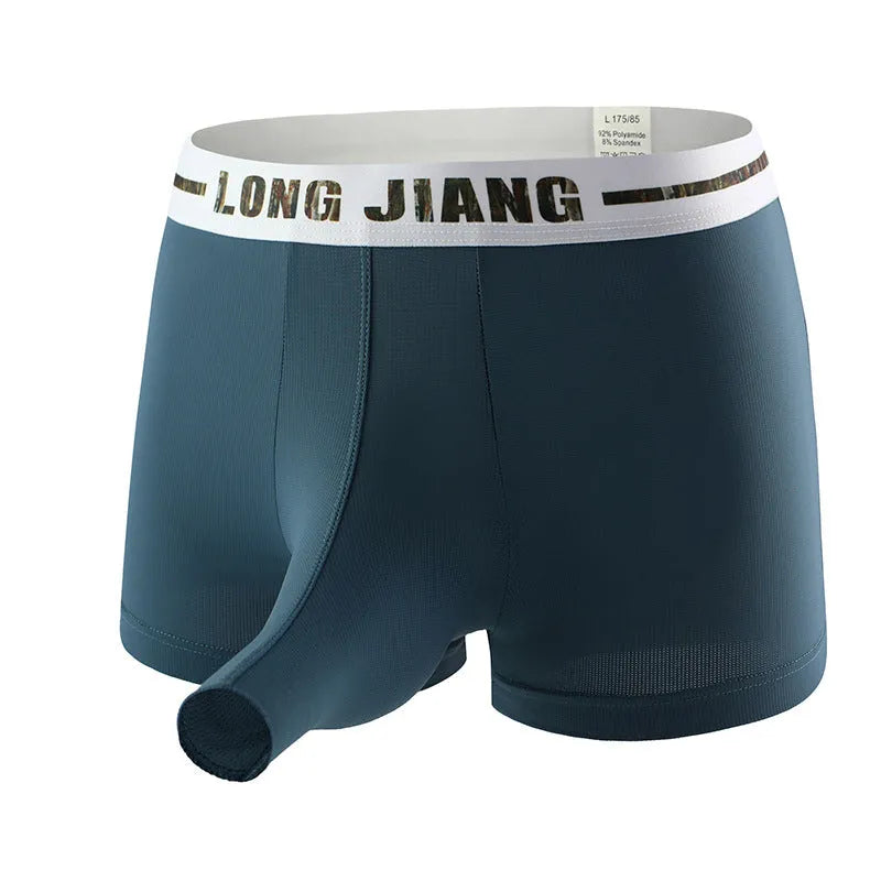 Men's breathable ice silk trunk open boxer shorts in Army Green colour on a mid waist mannequin.