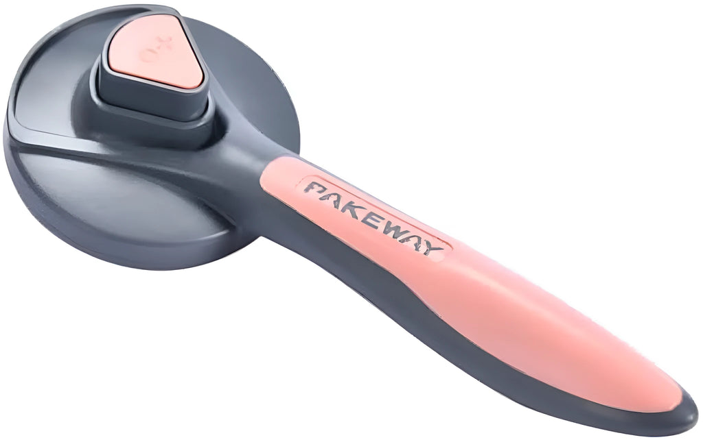 Grey self-cleaning pet slicker brush with massage-tipped bristles and a cleaning button on the handle