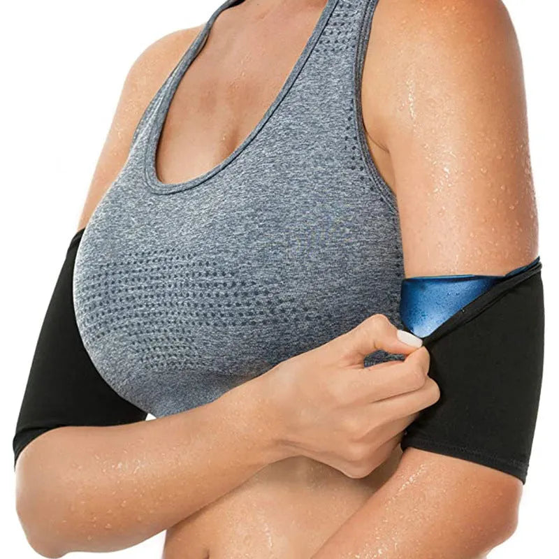 Adjustable sports arm sweatband in multiple colour options including blue, silver, black with red, and black with yellow.